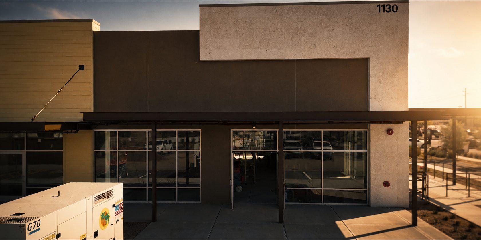 A finished retail storefront with glass doors, at dusk